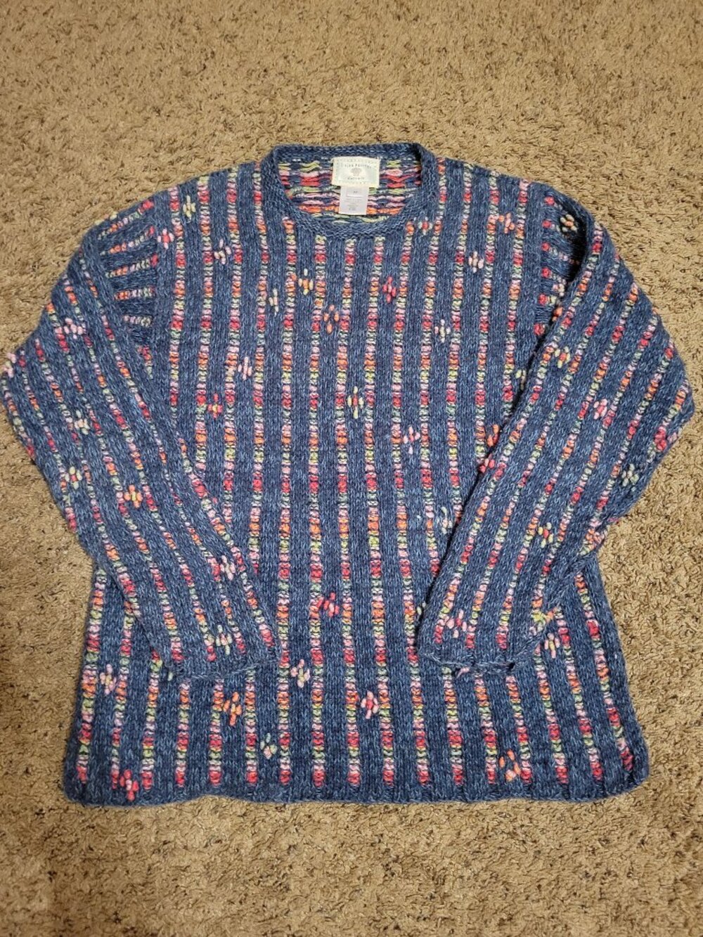 90s Susan Bristol Blue Floral Hand Knit Sweater Medium Grandma Cottagecore